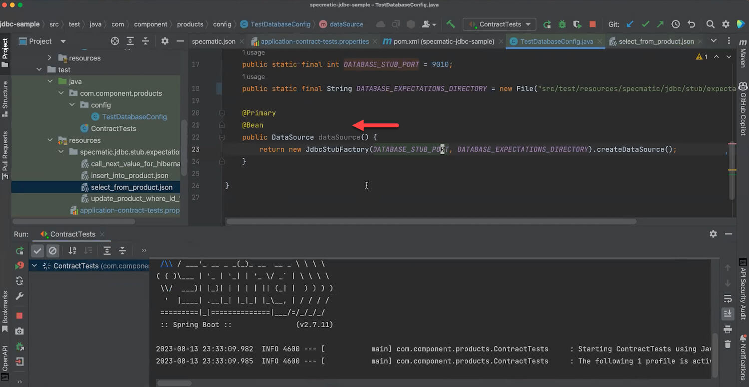 Leveraging Specmatic for JDBC Stubbing in a code editor screen of Adobe Acrobat.