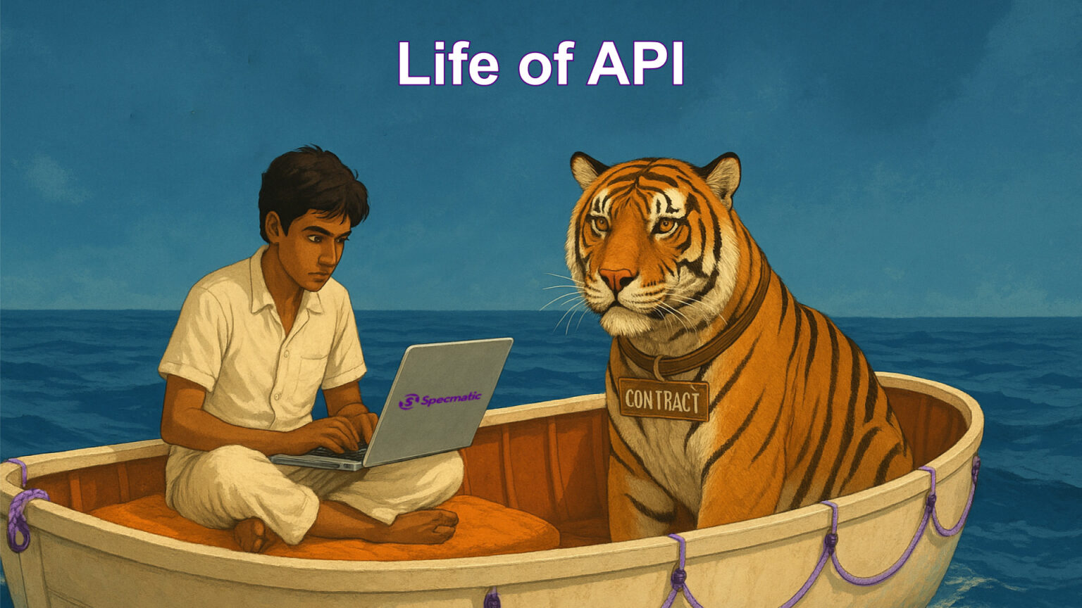 An AI generated image of a scene from the movie "Life of Pi" where an Indian man is in a boat using a laptop running Specmatic to manage a tiger wearing a collar with the word "Contract" around its neck - a metaphor for Contract Driven Development