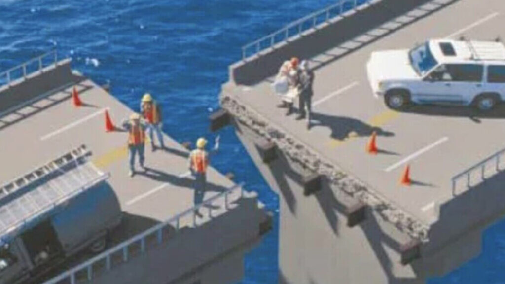 2 parts of a bridge being constructed that are coming together but don't align - representing API mocks that don't align with reality