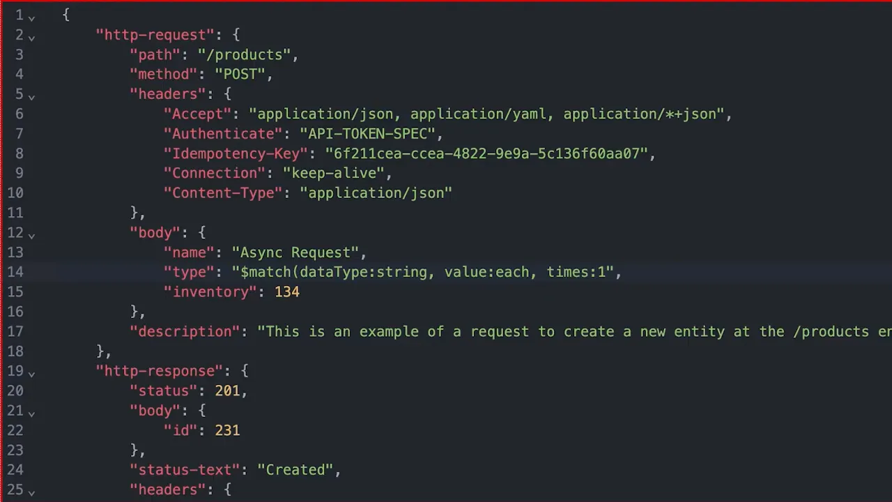 Code snippet showing $match(dataType:string, value:each, times:1) in a mock POST /products request body