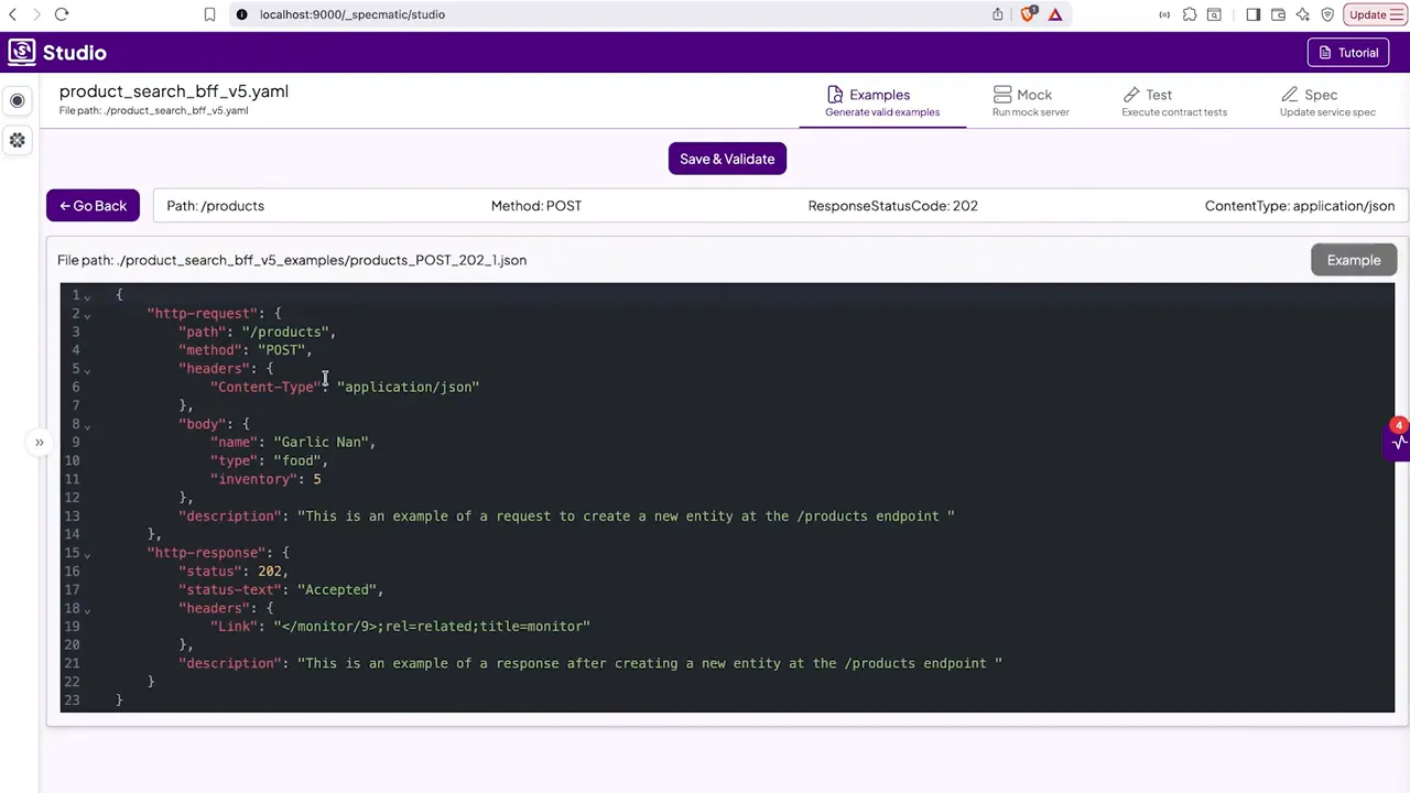 JSON example in Specmatic Studio showing http-response status: 202 and a Link header to /monitor