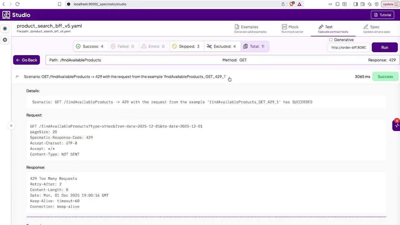 Specmatic Studio test details showing the GET /findAvailableProducts request and the response: 429 Too Many Requests with Retry-After header.