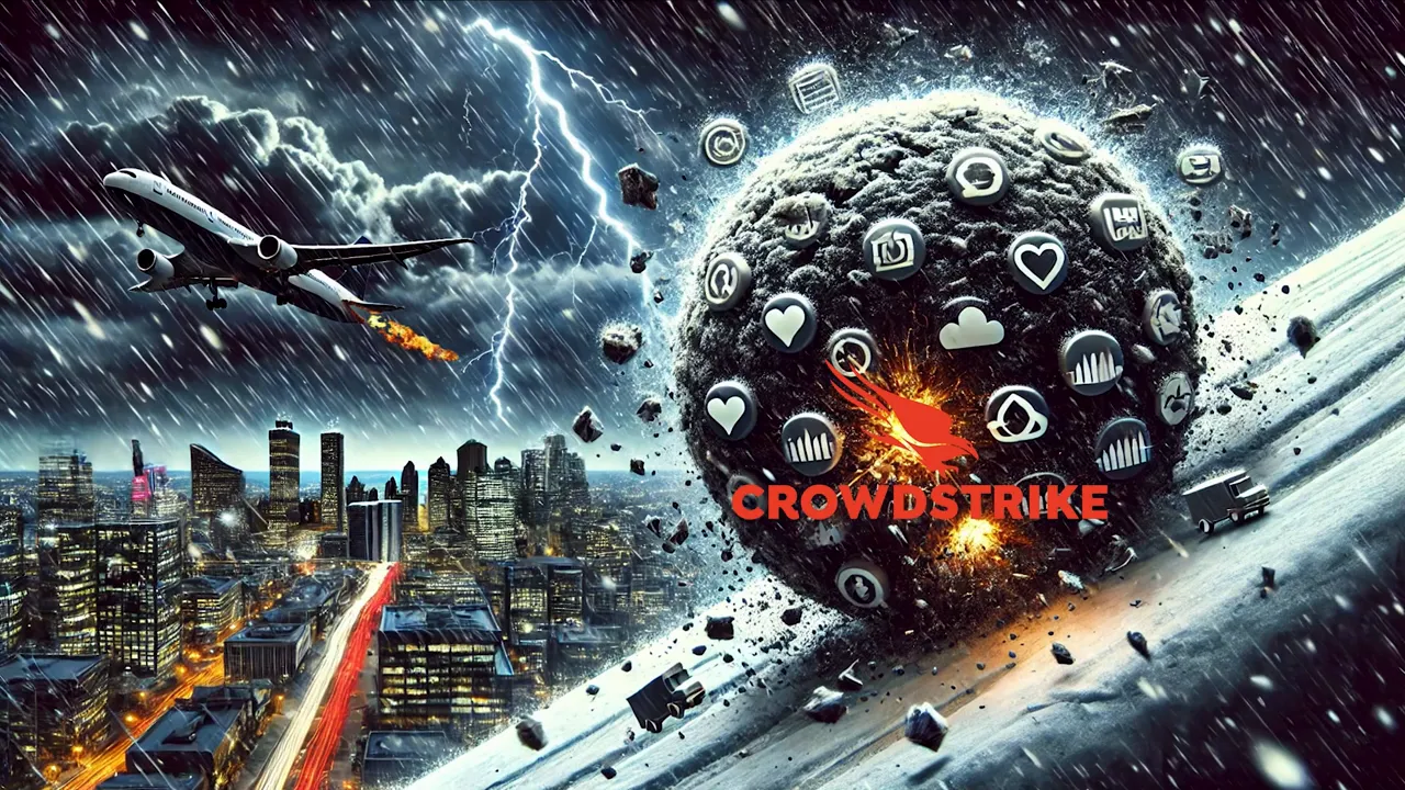 Apocalyptic city scene with a flaming airplane and a giant debris sphere marked 'CROWDSTRIKE', representing cascading failures and widespread disruption.